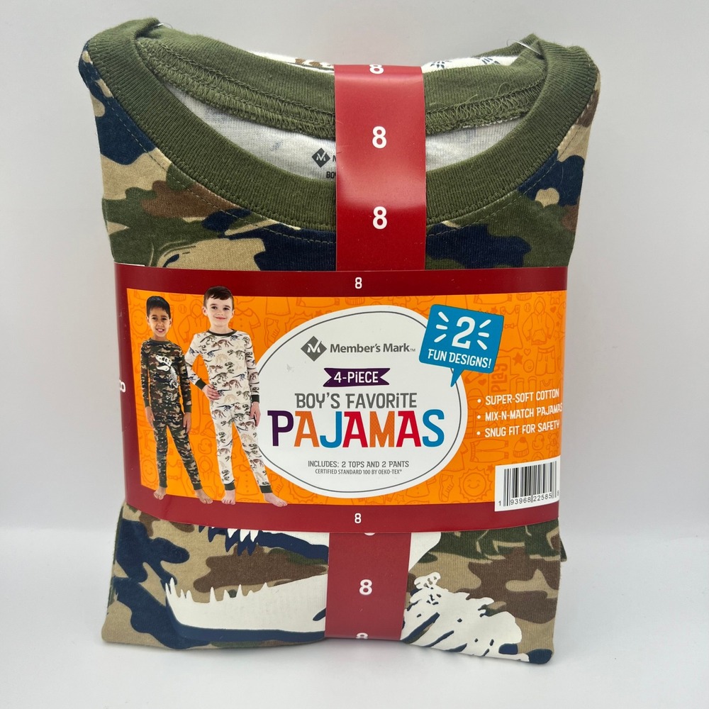 Member's Mark Boys 4 Piece Pajama Set Size 8 Camo Dinosaur Skeleton Cotton PJs